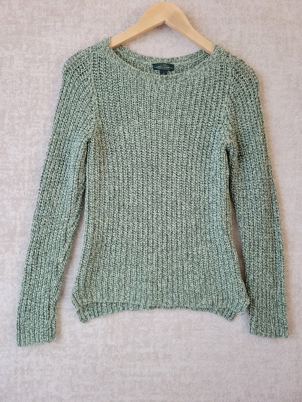 Lauren Ralph Lauren Shaker Knit Sweater S Green Marled Ribbed Crewneck Pullover